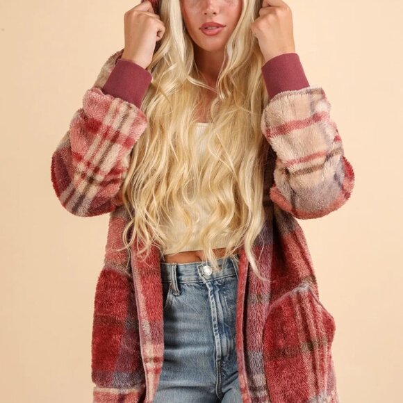 VERY J Fuzzy Plaid Long Sleeve Hooded Jacket - Picture 5 of 7